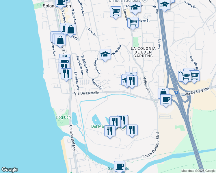 map of restaurants, bars, coffee shops, grocery stores, and more near 319 Longden Lane in Solana Beach