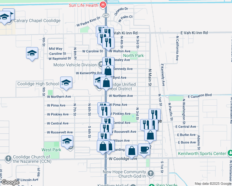 map of restaurants, bars, coffee shops, grocery stores, and more near 397 West Northern Avenue in Coolidge
