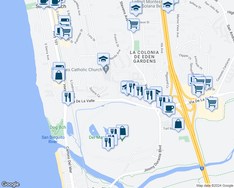 map of restaurants, bars, coffee shops, grocery stores, and more near 859 Del Mar Downs Road in Solana Beach