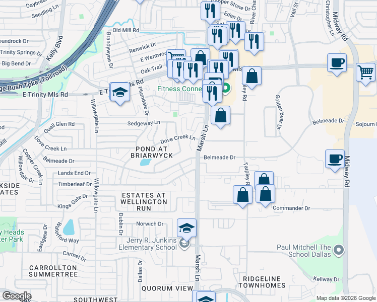 map of restaurants, bars, coffee shops, grocery stores, and more near 2740 Belmeade Drive in Carrollton