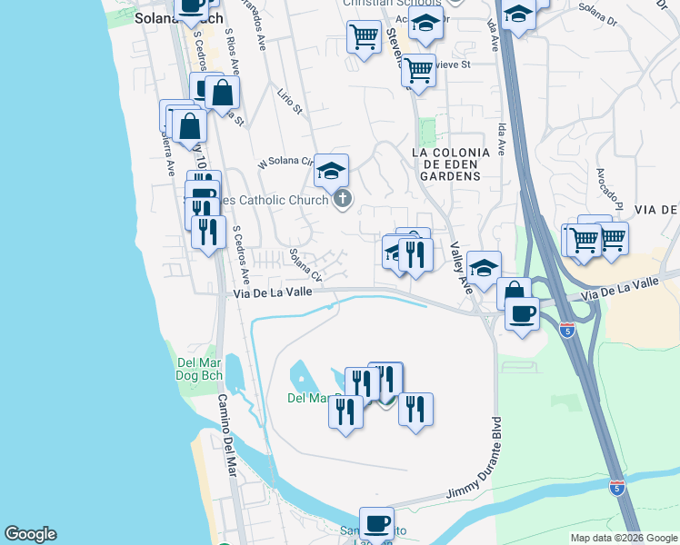 map of restaurants, bars, coffee shops, grocery stores, and more near 315 Arcaro Lane in Solana Beach