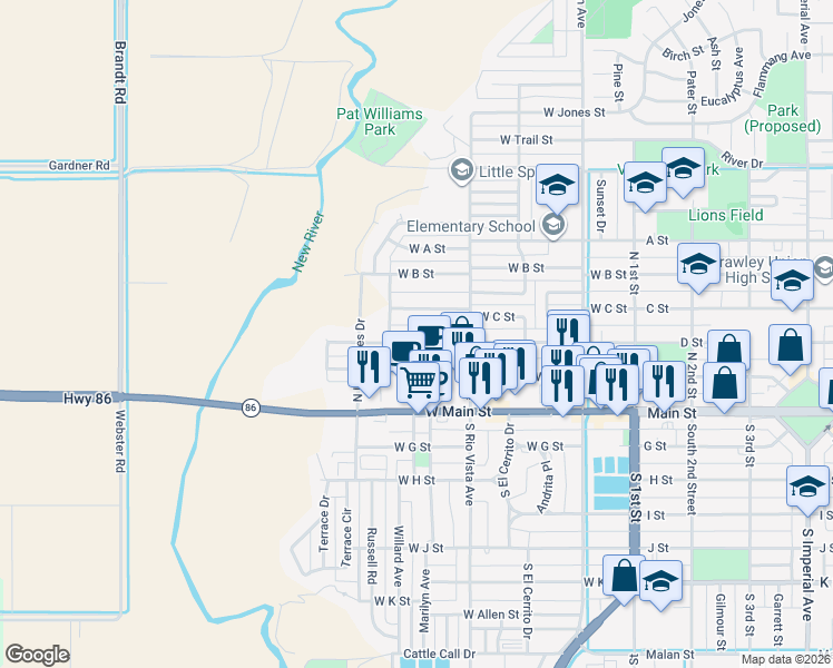 map of restaurants, bars, coffee shops, grocery stores, and more near 446 West D Street in Brawley