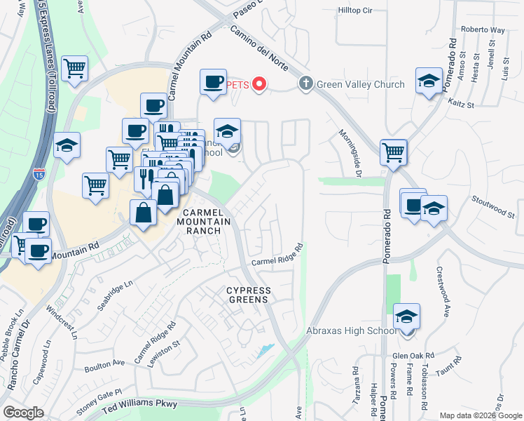 map of restaurants, bars, coffee shops, grocery stores, and more near 14581 Rutledge Square in San Diego
