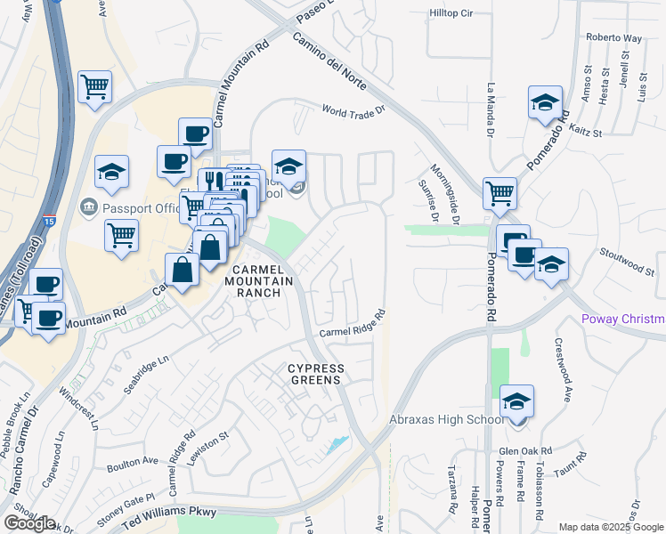 map of restaurants, bars, coffee shops, grocery stores, and more near 14581 Rutledge Square in San Diego