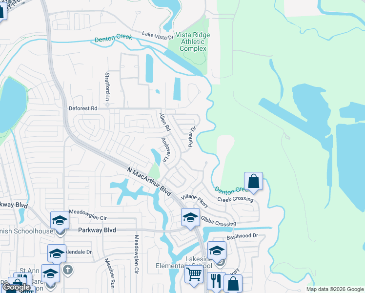 map of restaurants, bars, coffee shops, grocery stores, and more near 889 Parker Drive in Coppell
