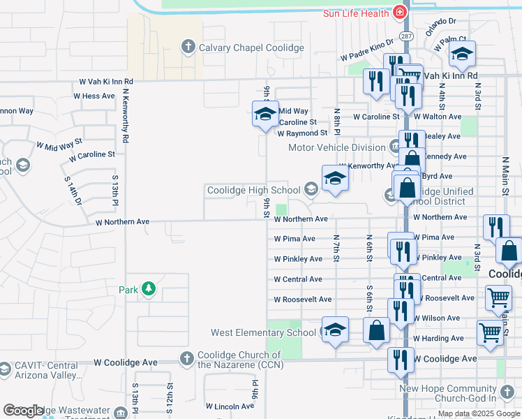 map of restaurants, bars, coffee shops, grocery stores, and more near 885 West Northern Avenue in Coolidge