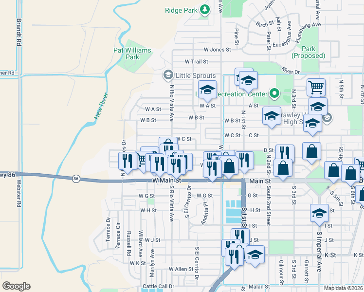 map of restaurants, bars, coffee shops, grocery stores, and more near 332 West D Street in Brawley