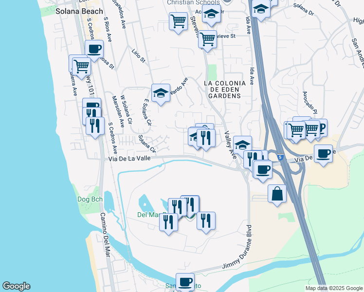 map of restaurants, bars, coffee shops, grocery stores, and more near 859 Del Mar Downs Road in Solana Beach
