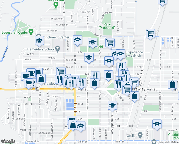 map of restaurants, bars, coffee shops, grocery stores, and more near 217 D Street in Brawley