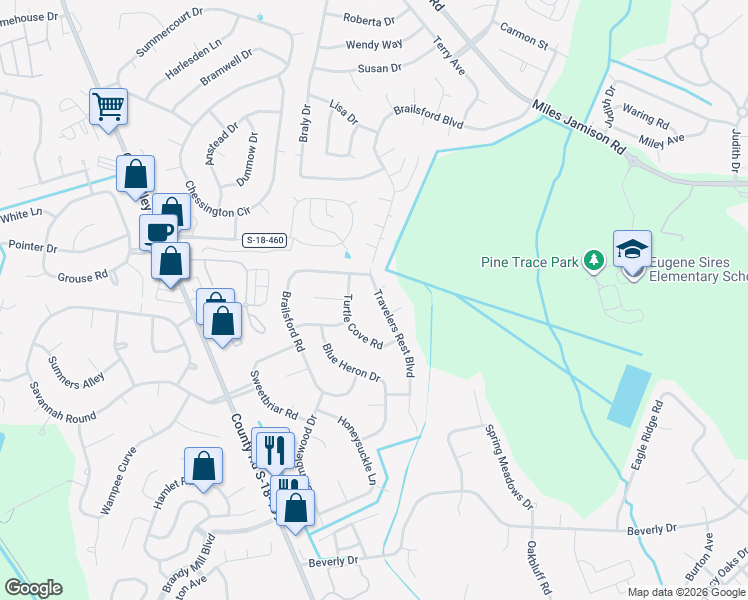 map of restaurants, bars, coffee shops, grocery stores, and more near 100 Meadowlark Court in Summerville
