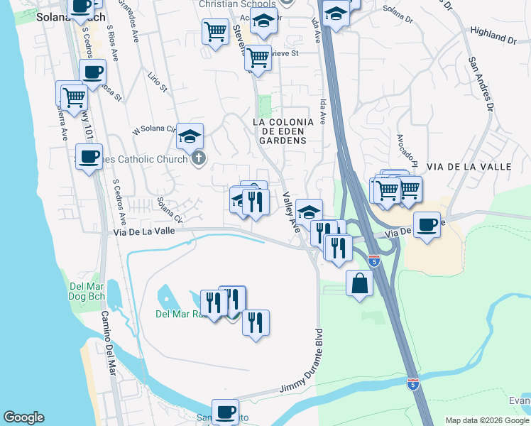 map of restaurants, bars, coffee shops, grocery stores, and more near 518 Via De La Valle in Solana Beach