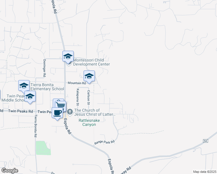 map of restaurants, bars, coffee shops, grocery stores, and more near Carlson Court in Poway