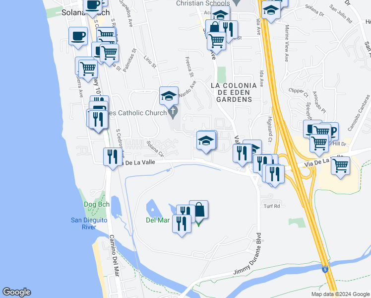 map of restaurants, bars, coffee shops, grocery stores, and more near 809 Del Mar Downs Road in Solana Beach