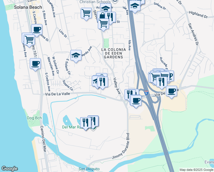 map of restaurants, bars, coffee shops, grocery stores, and more near 518 1/2 Via De La Valle in Solana Beach