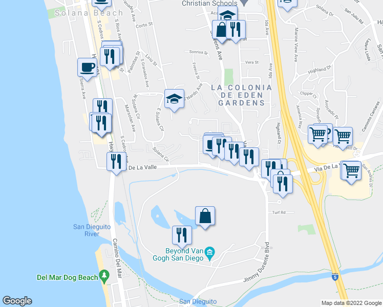 map of restaurants, bars, coffee shops, grocery stores, and more near 809 Del Mar Downs Road in Solana Beach