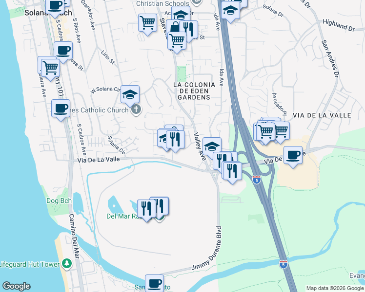 map of restaurants, bars, coffee shops, grocery stores, and more near 532 Via De La Valle in Solana Beach