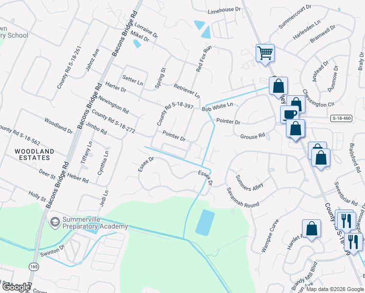 map of restaurants, bars, coffee shops, grocery stores, and more near 400 Pointer Drive in Summerville