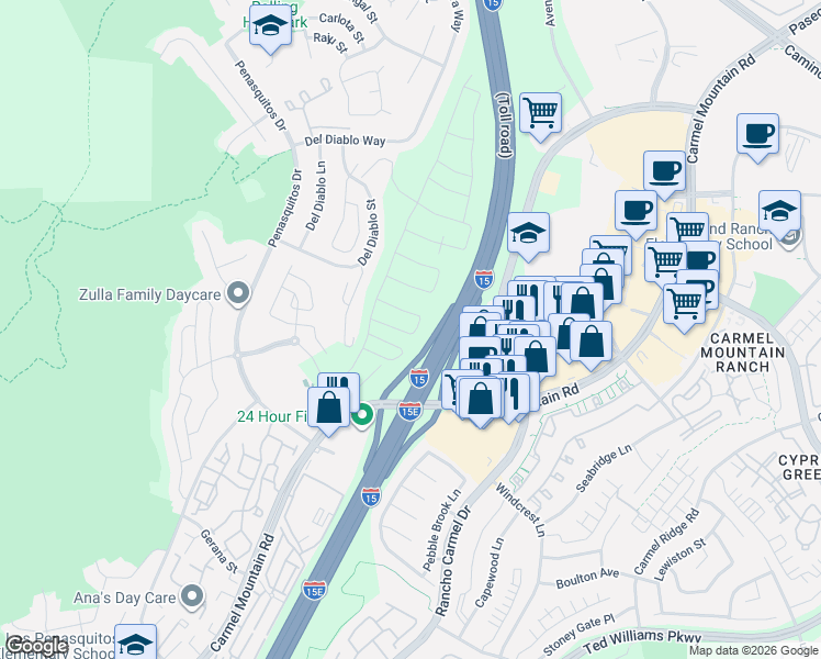 map of restaurants, bars, coffee shops, grocery stores, and more near 14701-14799 Caminito Orense Este in San Diego
