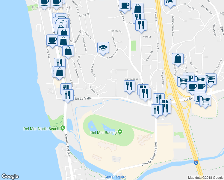 map of restaurants, bars, coffee shops, grocery stores, and more near 809 Del Mar Downs Road in Solana Beach
