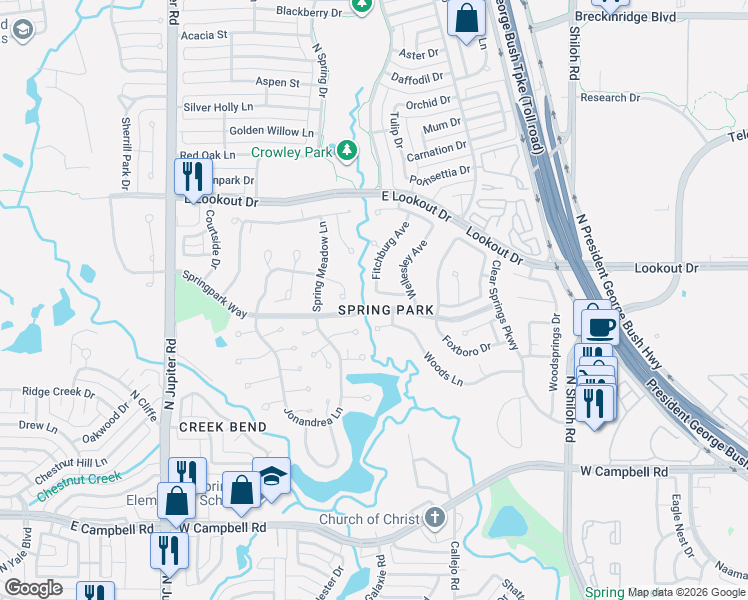 map of restaurants, bars, coffee shops, grocery stores, and more near 7414 Fitchburg Avenue in Garland