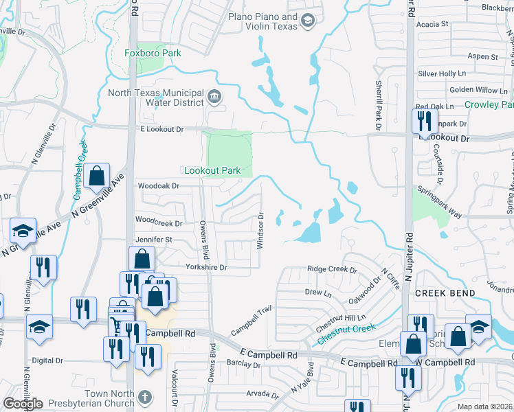 map of restaurants, bars, coffee shops, grocery stores, and more near 2310 Windsor Drive in Richardson