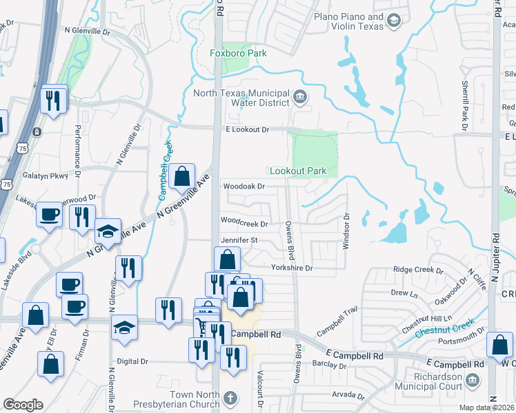 map of restaurants, bars, coffee shops, grocery stores, and more near 1418 Woodoak Drive in Richardson