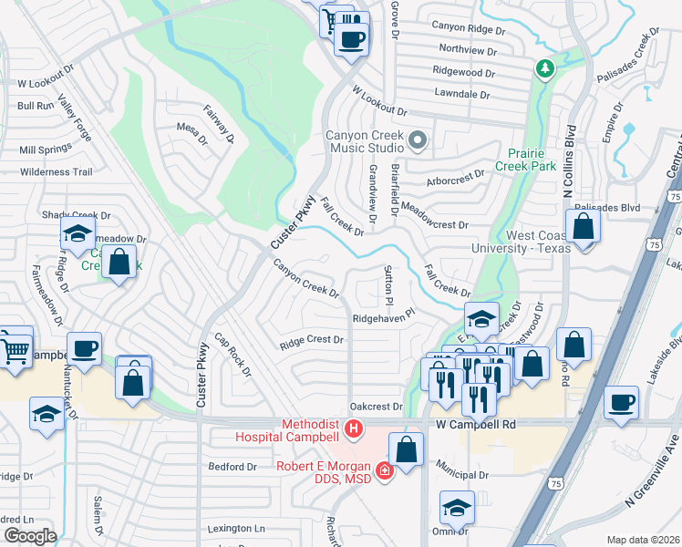 map of restaurants, bars, coffee shops, grocery stores, and more near 25 Shady Cove in Richardson