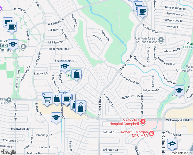 map of restaurants, bars, coffee shops, grocery stores, and more near 526 Lawnmeadow Drive in Richardson