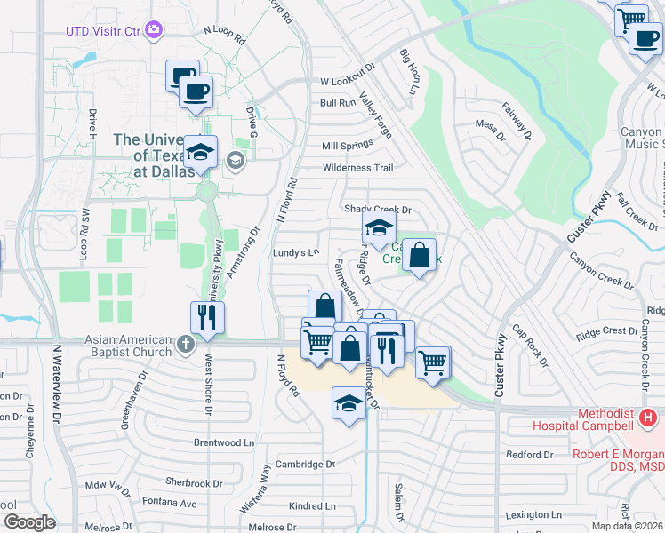 map of restaurants, bars, coffee shops, grocery stores, and more near 12 Lundy's Lane in Richardson