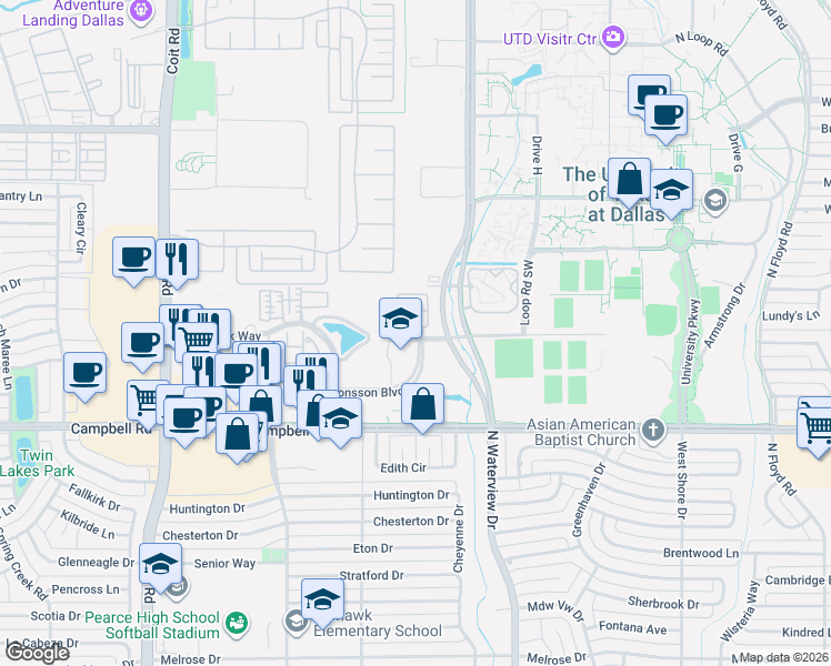 map of restaurants, bars, coffee shops, grocery stores, and more near 1128 Piedmont Lane in Richardson