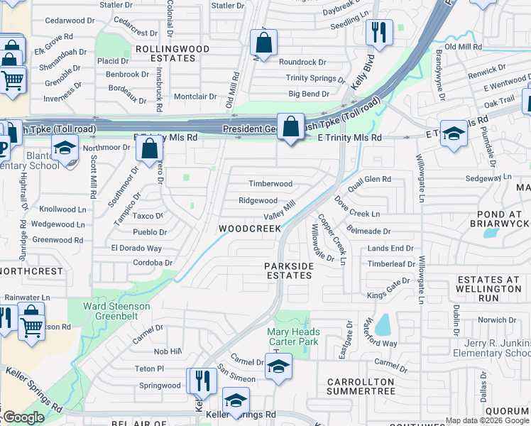 map of restaurants, bars, coffee shops, grocery stores, and more near 2225 Ridgewood in Carrollton