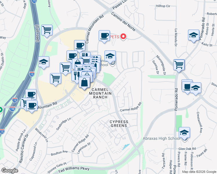 map of restaurants, bars, coffee shops, grocery stores, and more near 12100 Eastbourne Road in San Diego