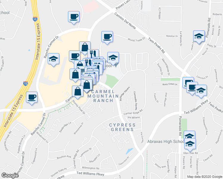 map of restaurants, bars, coffee shops, grocery stores, and more near Highland Ranch Road & Eastbourne Road in San Diego