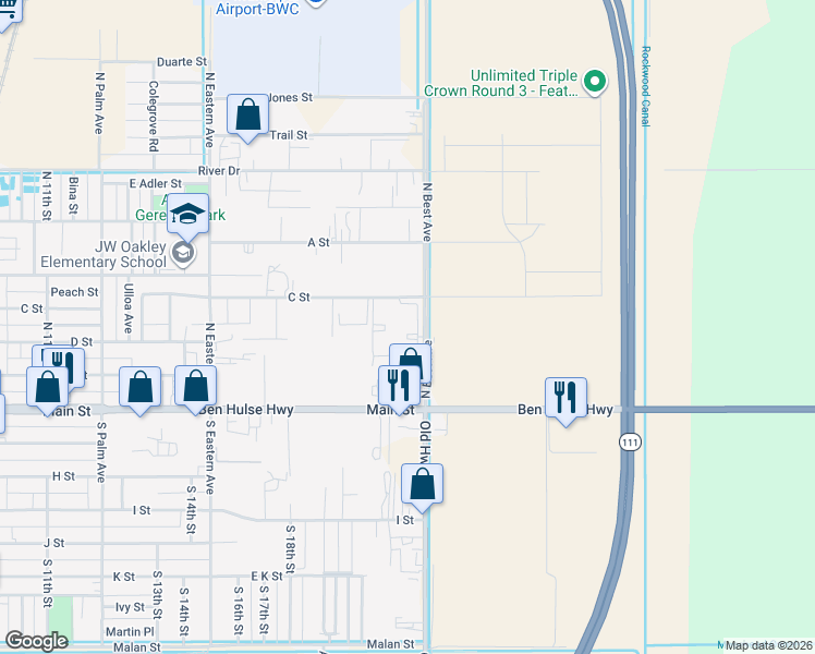map of restaurants, bars, coffee shops, grocery stores, and more near 235 North Best Avenue in Brawley