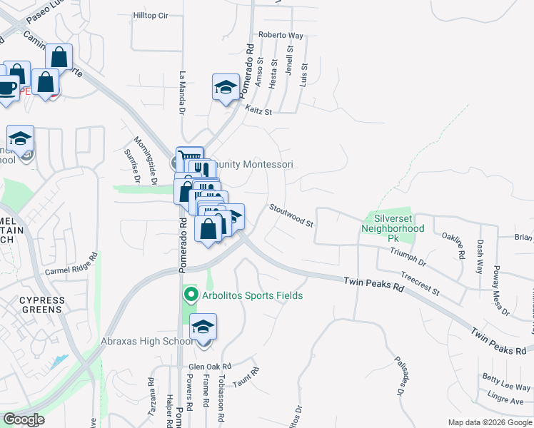 map of restaurants, bars, coffee shops, grocery stores, and more near 14705 Deerwood Street in Poway