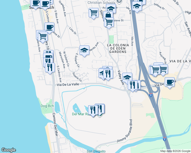 map of restaurants, bars, coffee shops, grocery stores, and more near 809 Del Mar Downs Road in Solana Beach