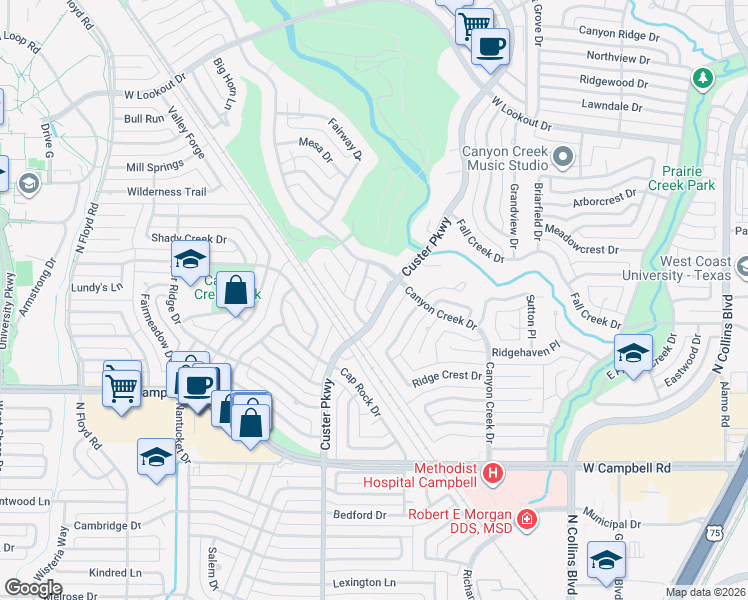 map of restaurants, bars, coffee shops, grocery stores, and more near 2208 White Cliff Drive in Richardson