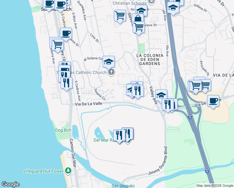 map of restaurants, bars, coffee shops, grocery stores, and more near 827 Del Mar Downs Road in Solana Beach