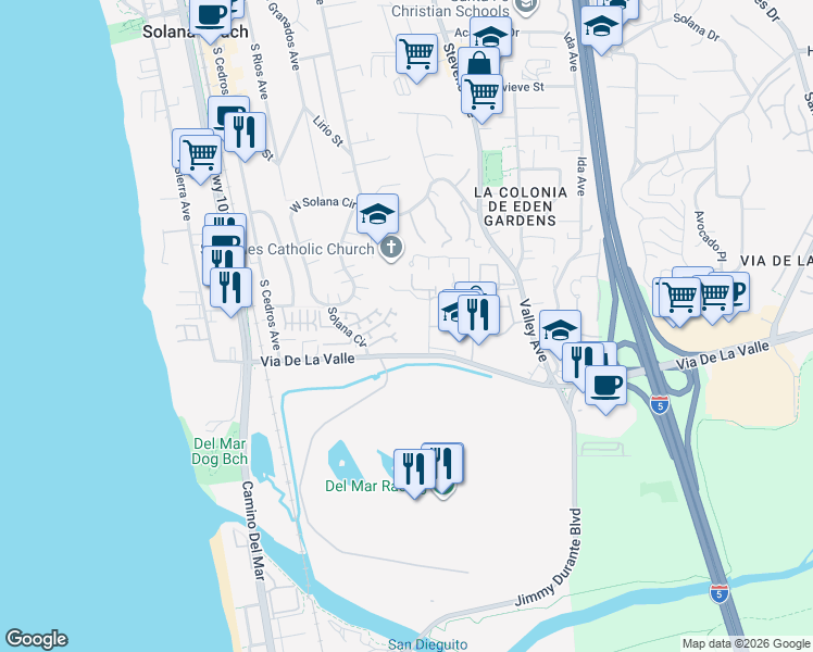 map of restaurants, bars, coffee shops, grocery stores, and more near 827 Del Mar Downs Road in Solana Beach