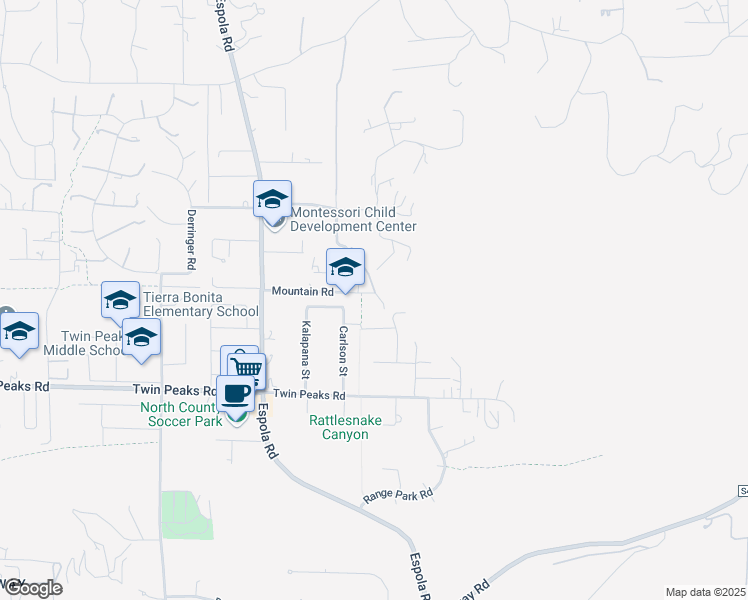 map of restaurants, bars, coffee shops, grocery stores, and more near 14407 Mountain Road in Poway