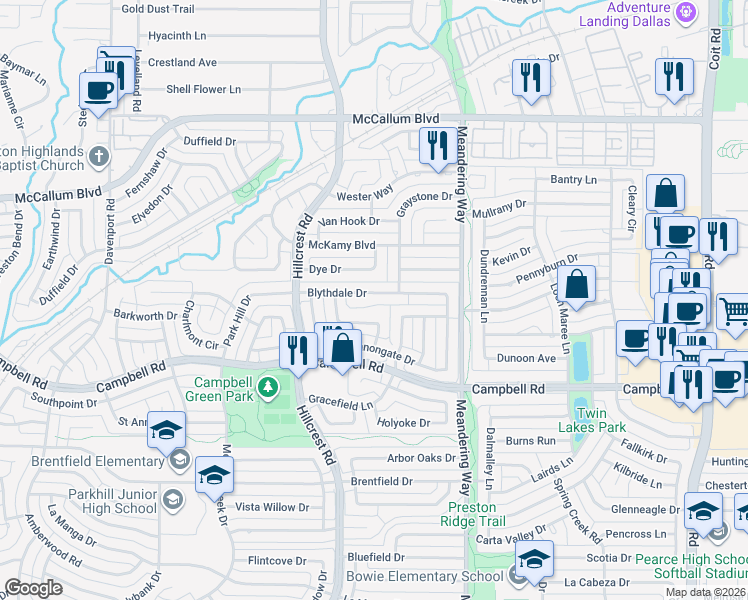 map of restaurants, bars, coffee shops, grocery stores, and more near 7240 Blythdale Drive in Dallas
