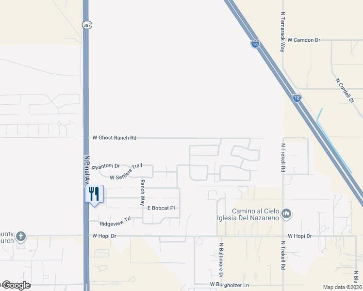 map of restaurants, bars, coffee shops, grocery stores, and more near 381 West Ghost Ranch Road in Casa Grande