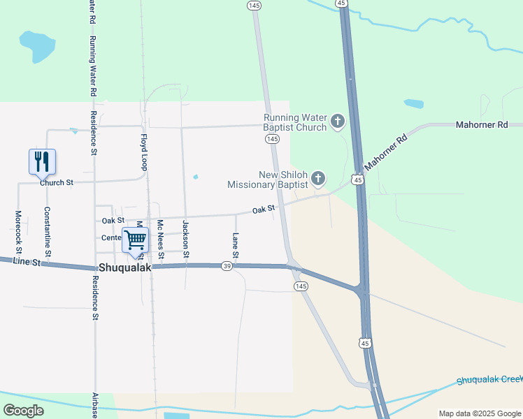 map of restaurants, bars, coffee shops, grocery stores, and more near 200-208 Oak Street in Shuqualak