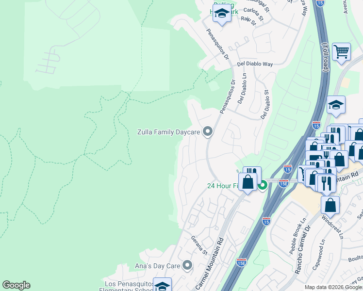 map of restaurants, bars, coffee shops, grocery stores, and more near 14676 Wye Street in San Diego