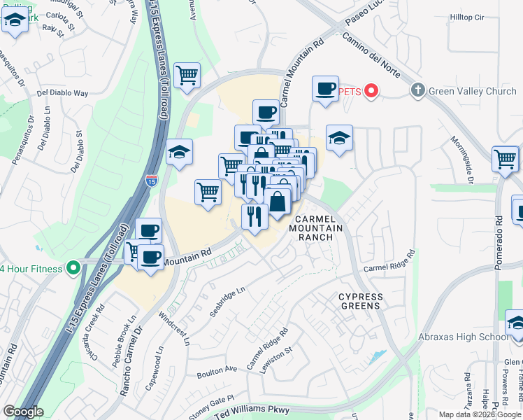 map of restaurants, bars, coffee shops, grocery stores, and more near 11895 Carmel Mountain Rd in San Diego