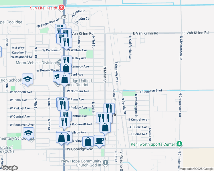 map of restaurants, bars, coffee shops, grocery stores, and more near 523 North Main Street in Coolidge