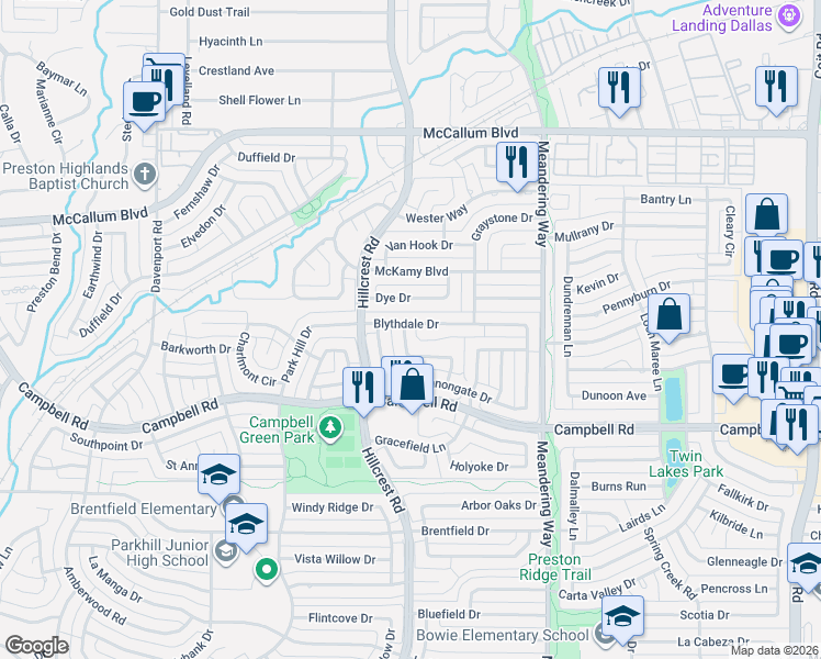 map of restaurants, bars, coffee shops, grocery stores, and more near 7119 Blythdale Drive in Dallas