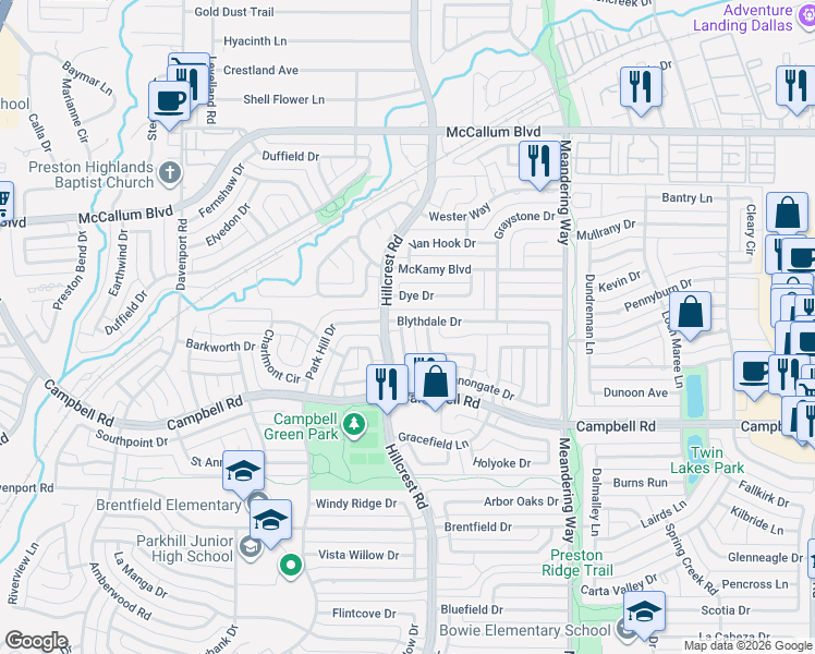 map of restaurants, bars, coffee shops, grocery stores, and more near 7119 Blythdale Drive in Dallas