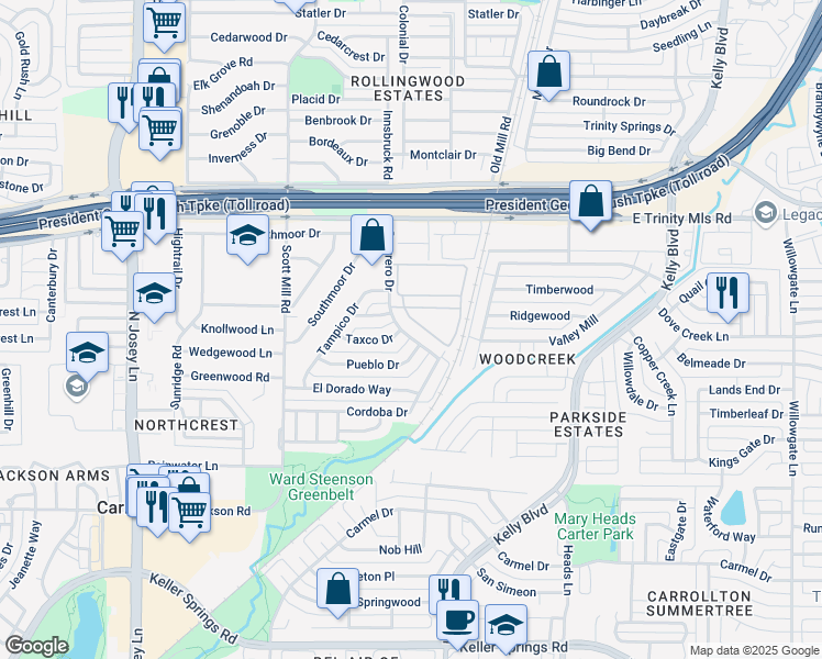 map of restaurants, bars, coffee shops, grocery stores, and more near 2428 Guerrero Drive in Carrollton