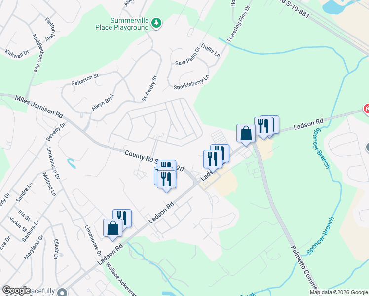 map of restaurants, bars, coffee shops, grocery stores, and more near 113 Rice Circle in Ladson